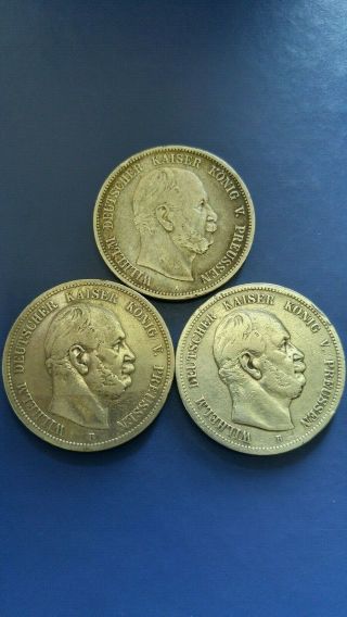 Germany Empire Prussia 5 Mark Set Of 3 Silver Coins 1874 - A,  1875 - B,  1876 - B