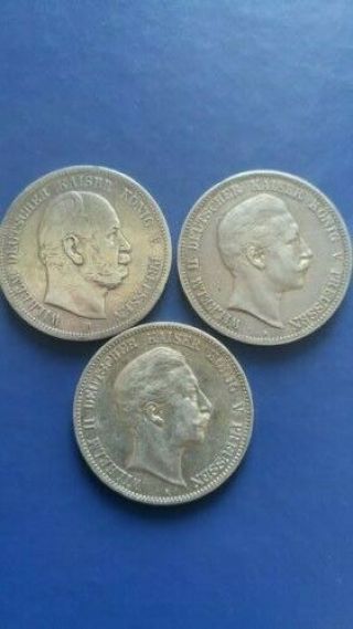 Germany Empire Prussia 5 Mark Set Of 3 Silver Coins 1876 - B,  1903 - A,  1907 - A