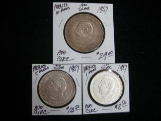 1957 Constitution 3 Coin Set 1 - 5 - 10 Peso Silver Average Circulated