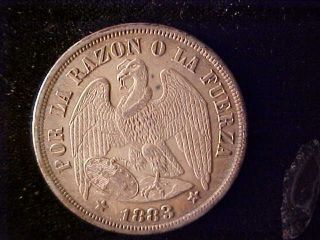 Chile One Peso 1883 Au - Unc,  Round Top 