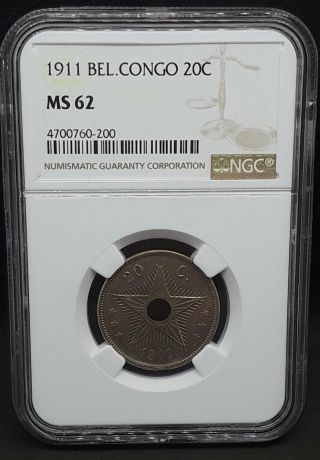 1911 Belgian Congo 20 Centimes Ngc Ms - 62