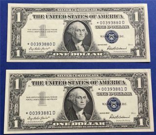1957 $1 Silver Certificate Star Notes D Block Consecutive Uncirculated Gem Pair