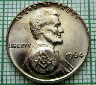 United States 1964 Lincoln Memorial Cent,  Masonic Counterstamp,  Silver Plated