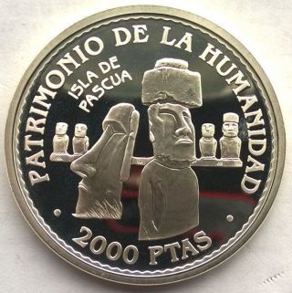 Spain 1997 Easter Island Statues 2000 Pesetas Silver Coin,  Proof