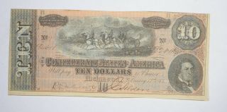 Civil War 1864 $10.  00 Confederate States Horse Blanket Note 758