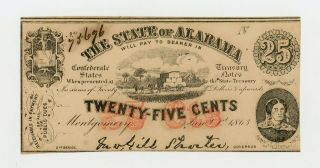 1863 Cr.  6 25c The State Of Alabama Note - Civil War Era Cu