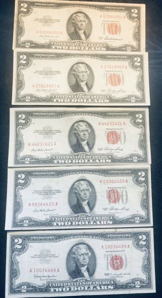 Five 1953 And 1963 Two Dollar Bills With Red Seals,  Circulated Together