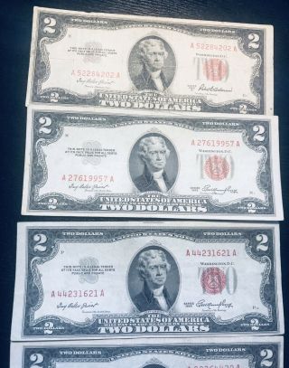 Five 1953 and 1963 TWO DOLLAR BILLS WITH RED SEALS,  Circulated Together 2
