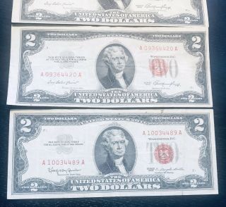 Five 1953 and 1963 TWO DOLLAR BILLS WITH RED SEALS,  Circulated Together 3