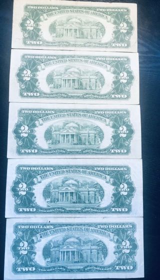 Five 1953 and 1963 TWO DOLLAR BILLS WITH RED SEALS,  Circulated Together 4