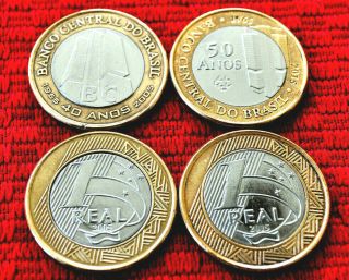 2 Coins 1 Real 2005/2015 - 40 And 50 Years Of The Central Bank Of Brazil