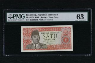 1964 Indonesia Bank Indonesia 1 Rupiah Pick 80b Pmg 63 Choice Unc