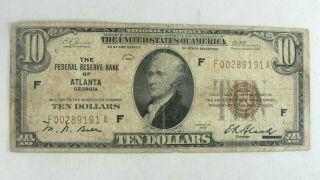 Series Of 1929 Ten Dollar ($10) National Currency Federal Reserve Bank Atlanta