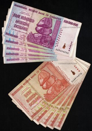 5 X 500 Million,  5 X 50 Billion Zimbabwe Dollars Bank Notes Aa Ab 2008 Currency