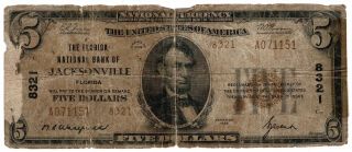 Series 1929 United States $5 National Currency Florida Bank Of Jacksonville 8321