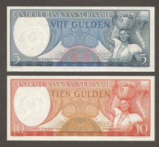 Suriname 5,  10 Gulden 1.  9.  1963; Unc; P - 120b,  121b; L - B506b,  B - 507b; Set Of 2