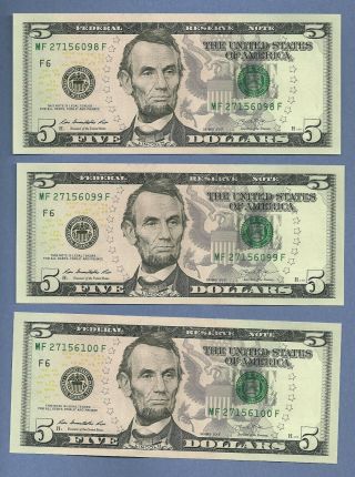 2013 $5 Dollar Bill Consecutive Set Of Three Uncirculated Notes Us Paper Money