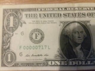 Rare One 1 Dollar Bill Note W/ Low 3 Digit Serial Number F 00000717 L