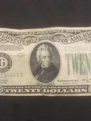 1934A (G) FEDERAL RESERVE NOTE TWENTY DOLLAR BILL.  $20.  00 4
