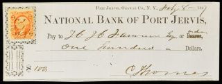 Obsolete Bank Check Bank Of Port Jervis York Ny Orange County 1867 $100