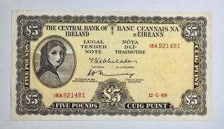 1969 Lady Lavery £5 Five Pounds Irish Banknote Ireland Series A Pick 65c