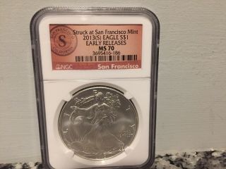 2013 Ngc Ms70 Early Release Silver Eagle Dollar,  1oz $1 Struck At San Fan