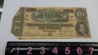 Authentic 1864 Richmond Confederate States Of America $10 Ten Dollar Note 18