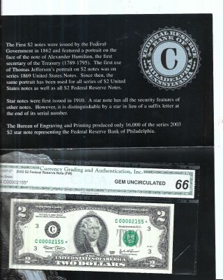 2003 $2 U.  S.  Federal Reserve Single Star Note (phil. ) - Bep Holder - 0000 2155