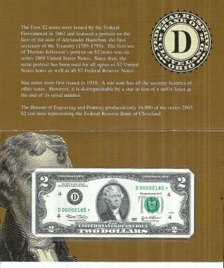 2003 $2 U.  S.  Federal Reserve Single Star Note (cleve. ) - Bep Holder - 0000 2185
