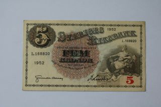 Banknote Sweden 5 Kronor 1952 Vf B20 Bk282