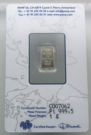 1 Gram Pamp Suisse Platinum Fortuna Bar.  9995 Fine In Assay Card 007062