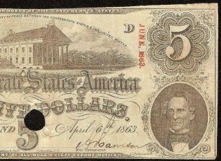 1863 $5 Dollar Bill Confederate States Currency Civil War Note Paper Money T - 60