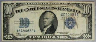 1934 A Series $10 Dollar Bill Silver Certificate Blue Seal