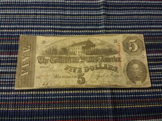 1863 $5 Richmond Virginia Confederate Note Currency Bill Dollar Civil War T - 60