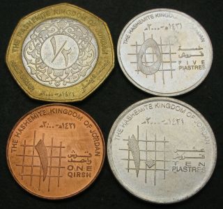 Jordan 1 Qirsh & 5,  10 Piastres & 1/2 Dinar 2000 - 4 Coins.  - 2666