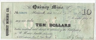 $10 Quincy Mine 1870 Hancock,  Michigan,  Mining Scrip