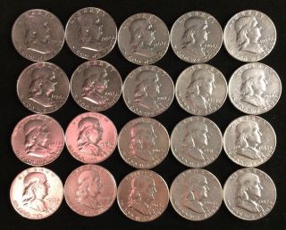 90 Silver Franklin Half Dollars Roll Of (20) Coins (circulated & Cleaned)