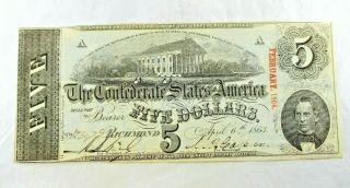 1863 $5 Dollar Richmond Confederate States Of America Note Uncirculated