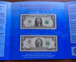 AMERICA ' S FOUNDING FATHERS 2012 CURRENCY SET $1 and $2 Notes Matching Number. 2
