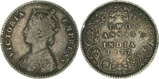 India: 2 Annas Silver 1877 (c) (bust A,  Type I Reverse) F