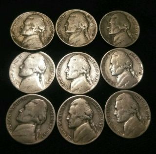 1943 - P,  S Jefferson Nickles - 35 Silver,  What You See Is What You Get.  9 Coins.