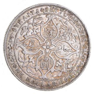 WORLD COIN - 1907 Straits Settlements 1 Dollar - World Silver Coin - 20.  3g 033 2