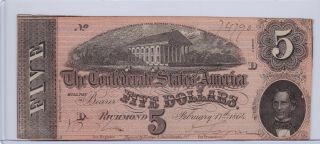 Feb 17 1864 Richmond Va Csa Confederate $5 Five Dollars Note | Cs - 69