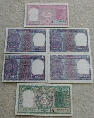 5 2 & 1 Rupee Banknote Bills Reserve Bank Of India (11 Rupees Total)
