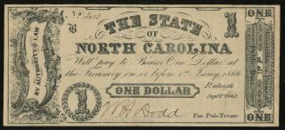 1862 The State Of North Carolina $1 One Dollar Obsolete Note