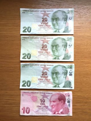 Four Turkish Bank Notes - Three 20 Lira And One 10 Lira