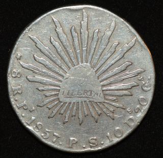 Mexico,  1857 Pi Ps Cap Rays 8 Reales San Luis Potosi Scarce Silver Coin