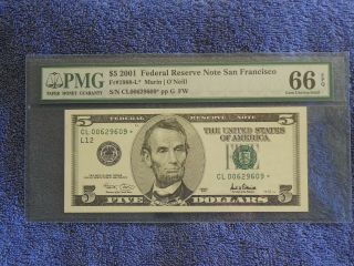 2001 $5 Frn San Francisco Star Note Pmg Gem - Uncirculated 66epq Fr - 1988 - L