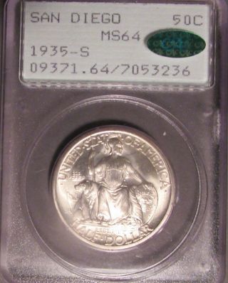 1935 S San Diego Silver Commemorative Half Dollar (50c),  Pcgs Ms 64 Cac Rattler