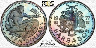 1977 - Fm Barbados $10 Dollars Bu Pcgs Pr68dcam Color Toned Only 2 Graded Higher